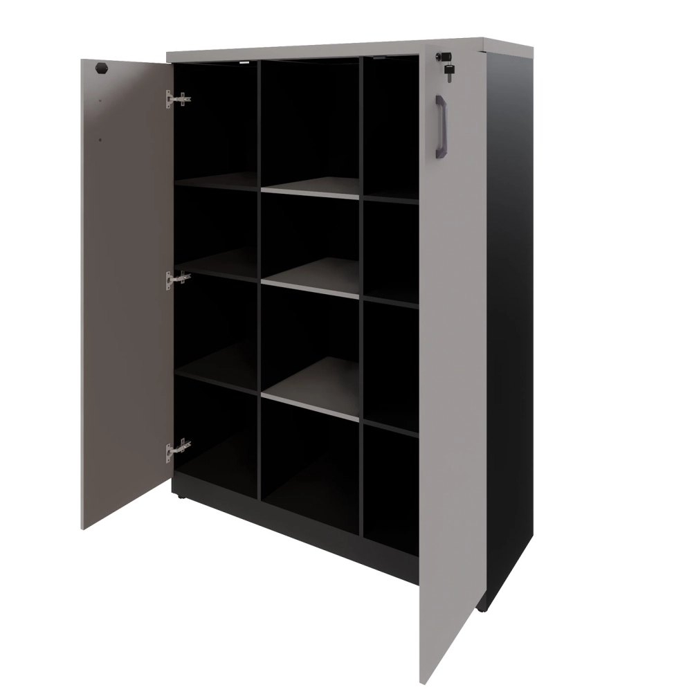 Armário Alto Escritório 120cm 2 Portas 9 Prateleiras F5 Cor:Cinza Sagrado com Preto