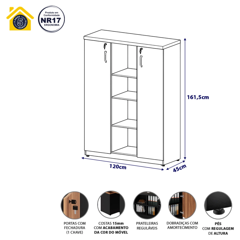 Armário Alto Escritório 120cm 2 Portas 9 Prateleiras F5 Cor:Cinza Sagrado com Preto