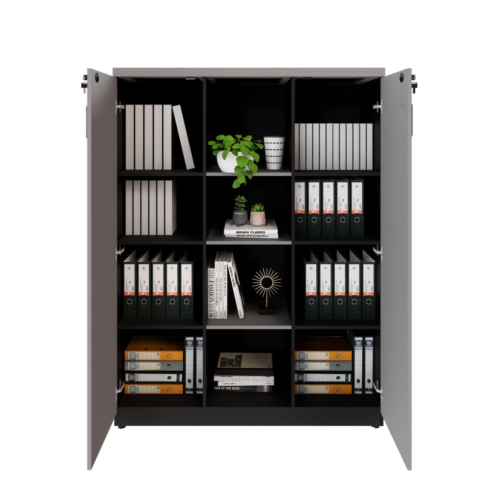 Armário Alto Escritório 120cm 2 Portas 9 Prateleiras F5 Cor:Cinza Sagrado com Preto