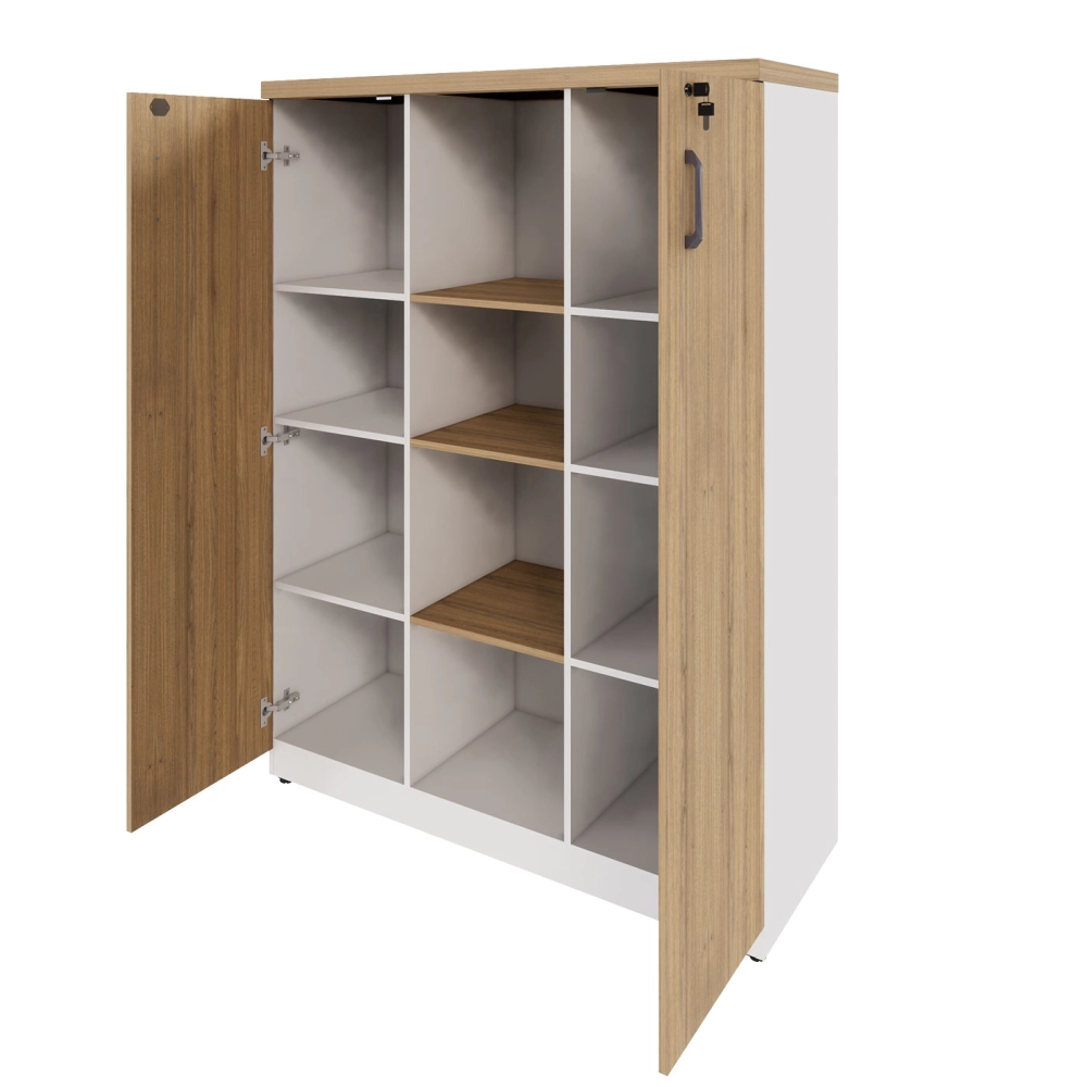 Armário Alto Escritório 120cm 2 Portas 9 Prateleiras F5 Cor:Macadâmia com Branco