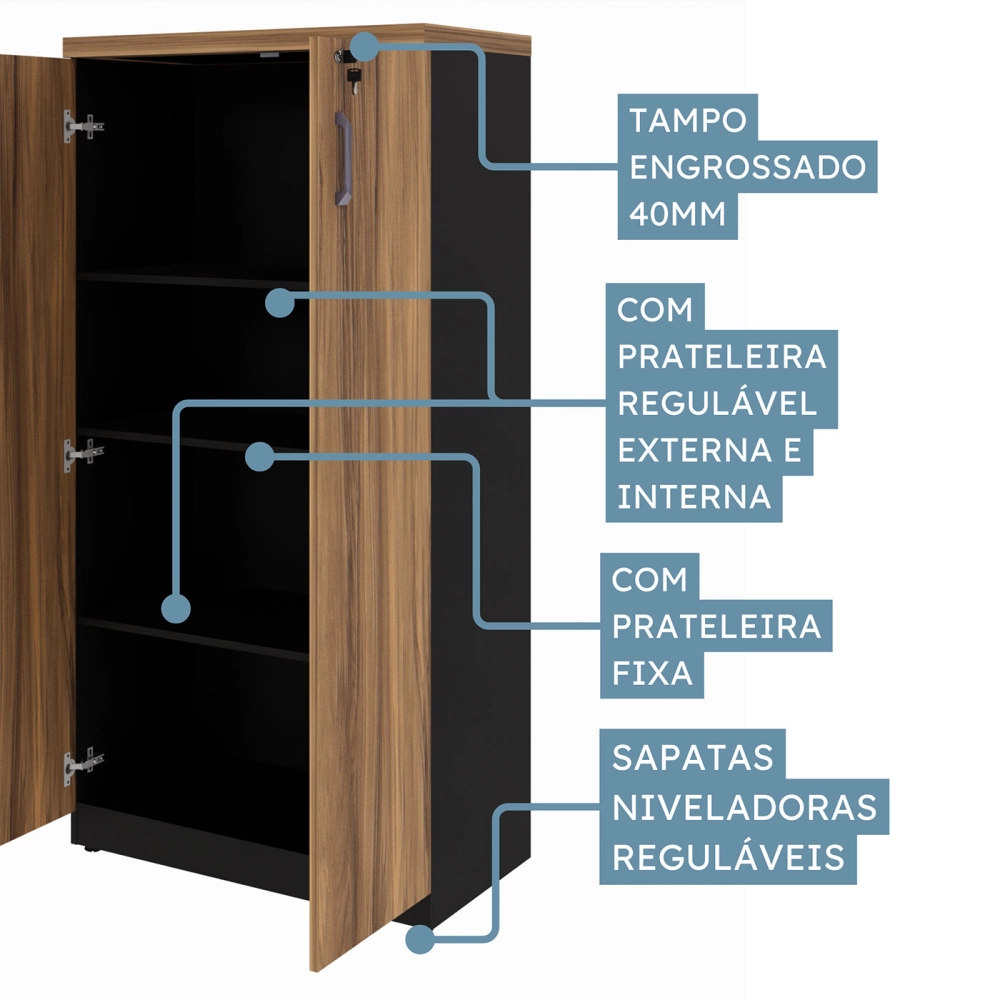 Armário Alto p/ Escritório 80cm 2 Portas e Chave Nogal Pr F5 Cor:Nogal com Preto