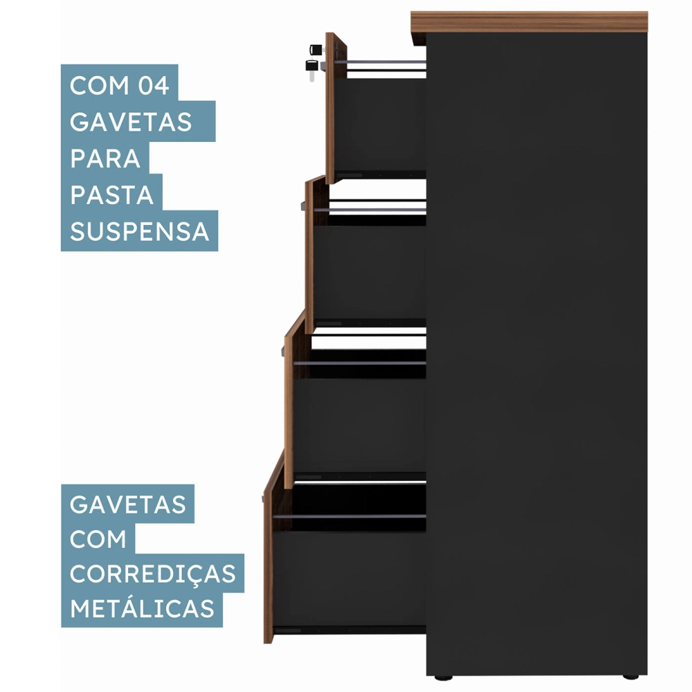 Armário Arquivo Escritório 4 Gavetas p/ Pastas Nogal Pr F5 Cor:Nogal com Preto