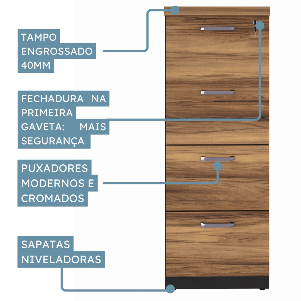 Armário Arquivo Escritório 4 Gavetas p/ Pastas Nogal Pr F5 Cor:Nogal com Preto