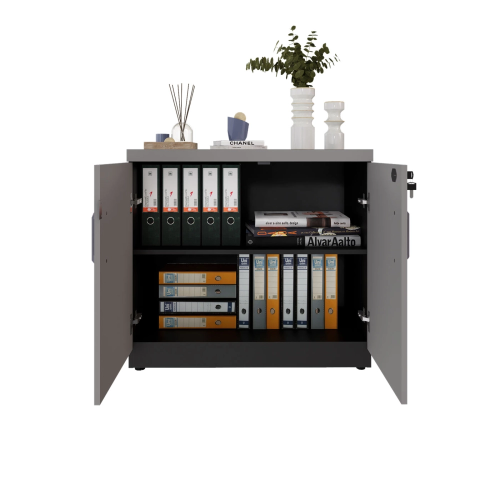 Armário Baixo Escritório 80cm x 45cm c/ 2 Portas e Chave F5 Cor:Cinza Sagrado com Preto