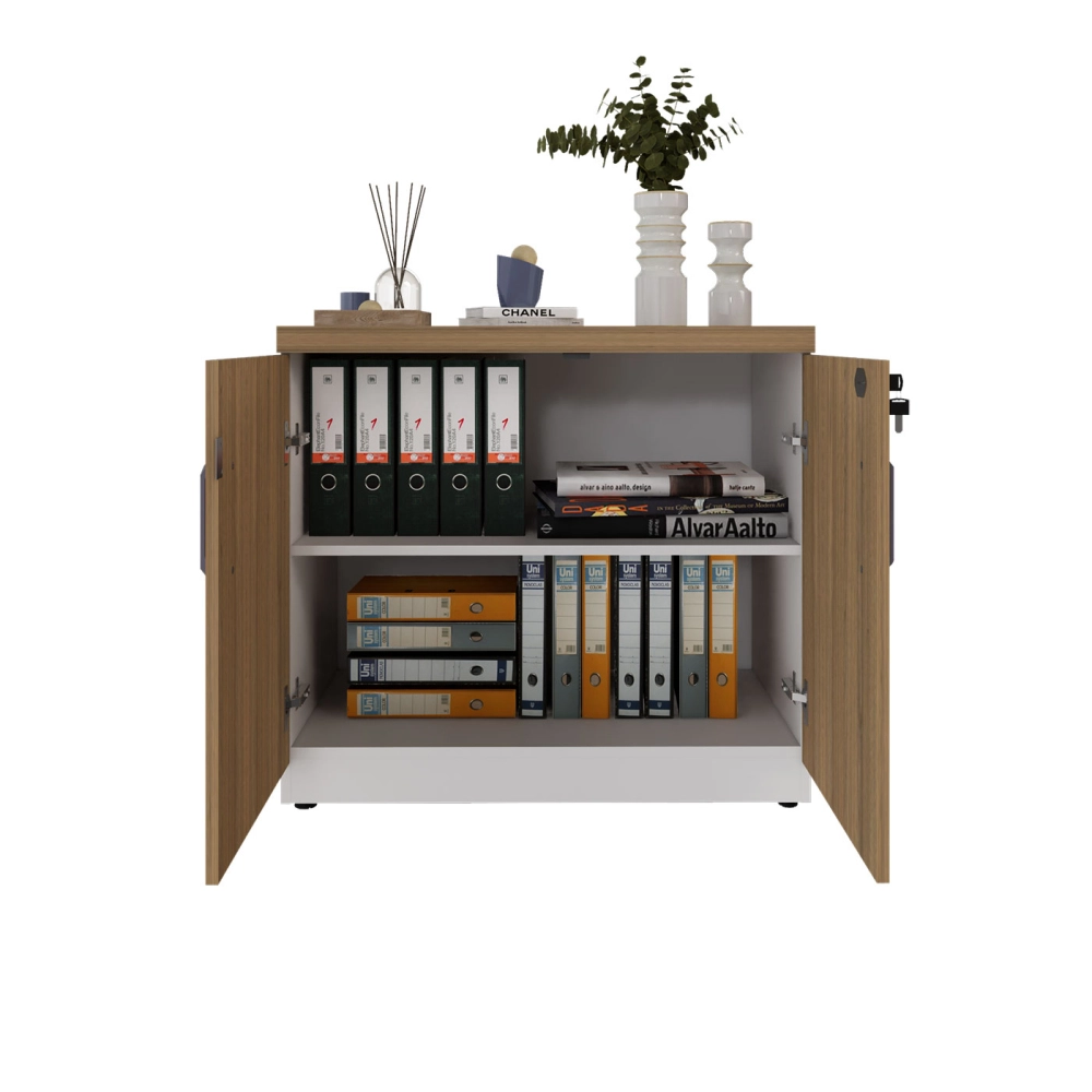 Armário Baixo Escritório 80cm x 45cm c/ 2 Portas e Chave F5 Cor:Macadâmia com Branco
