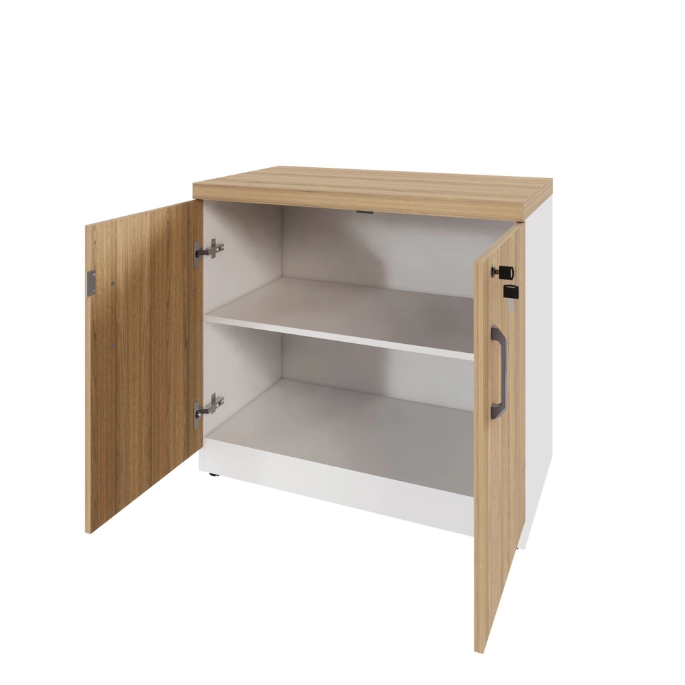 Armário Baixo Escritório 80cm x 45cm c/ 2 Portas e Chave F5 Cor:Macadâmia com Branco