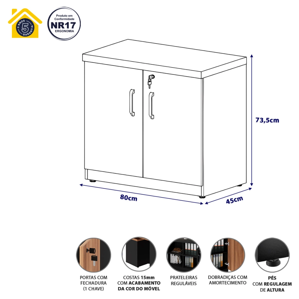 Armário Baixo Escritório 80cm x 45cm c/ 2 Portas e Chave F5 Cor:Macadâmia com Branco
