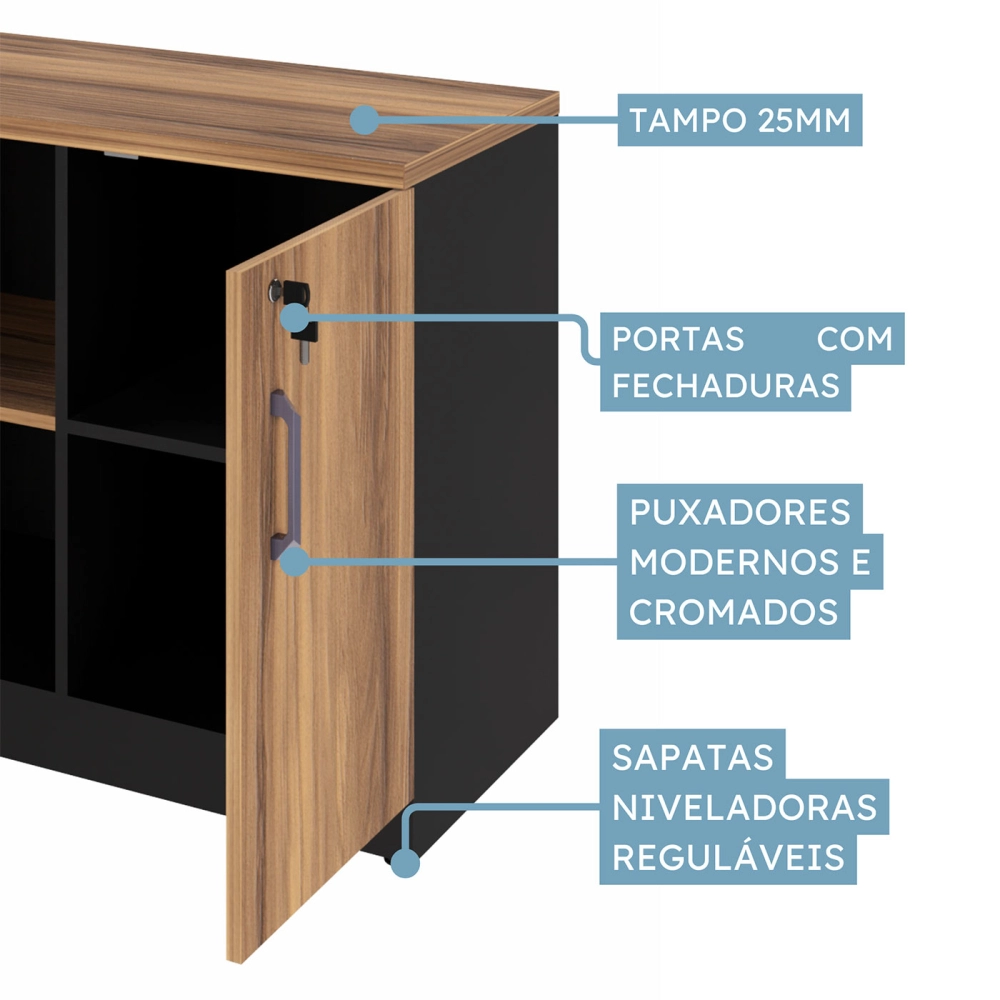 Armário Baixo para Escritório 1,20m Tampo 40mm Nogal Pr F5 Cor:Nogal com Preto