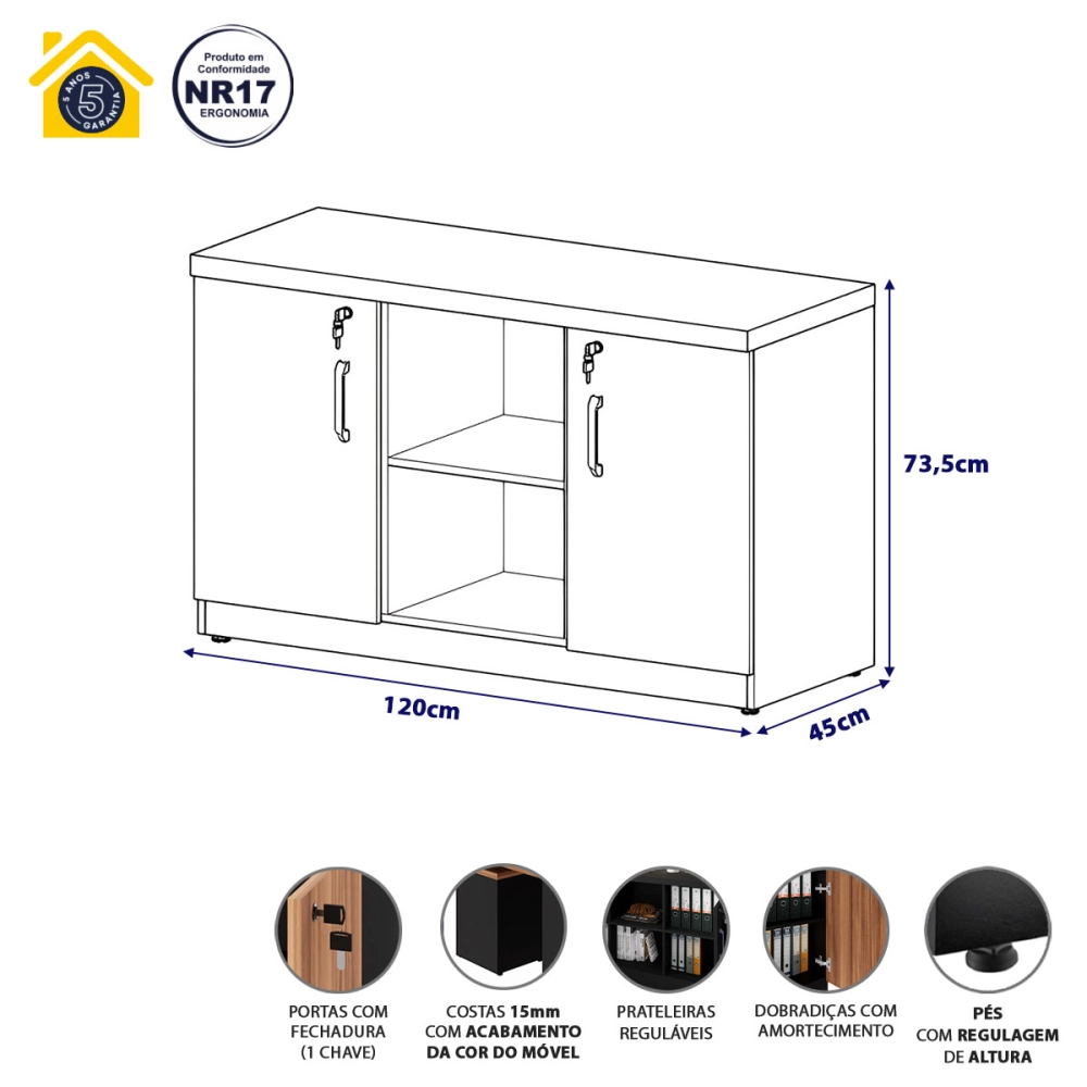 Armário Escritório 120cm x 45cm c/ 2 Portas 3 Prateleiras F5 Cor:Branco
