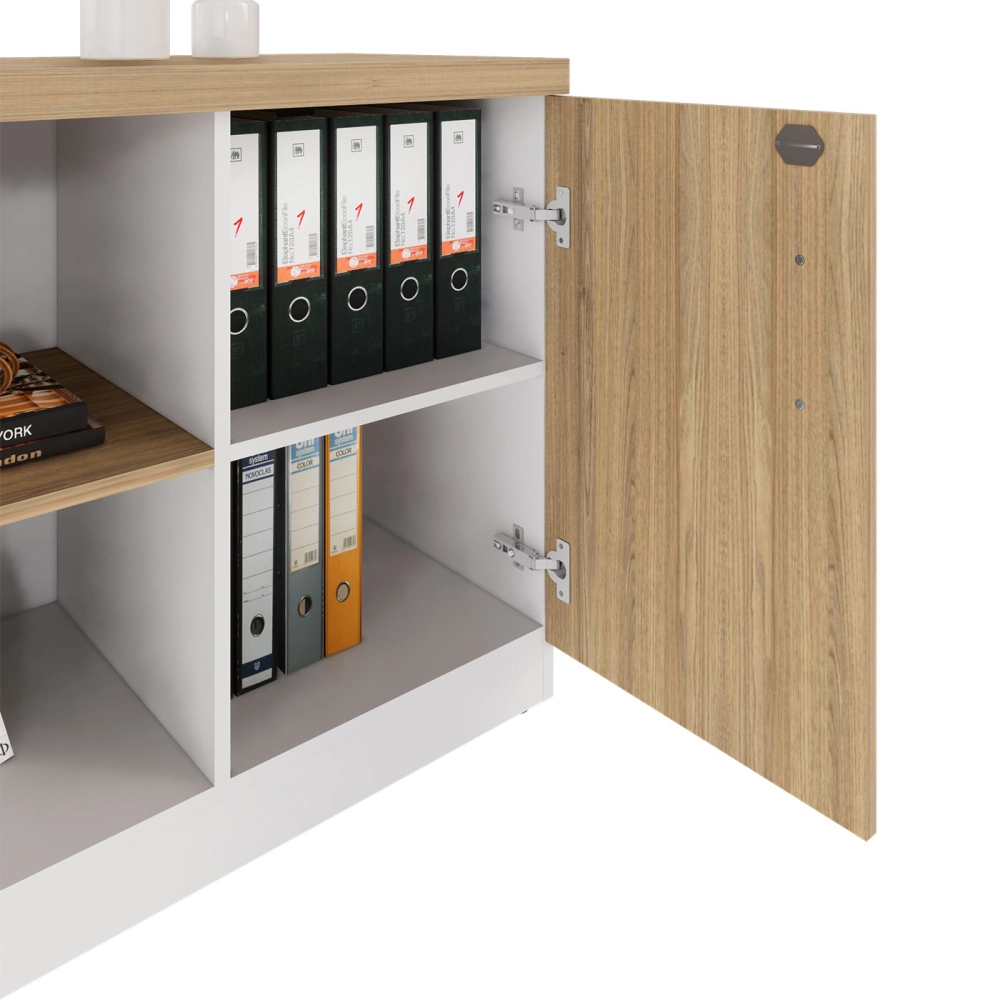 Armário Escritório 120cm x 45cm c/ 2 Portas 3 Prateleiras F5 Cor:Macadâmia com Branco