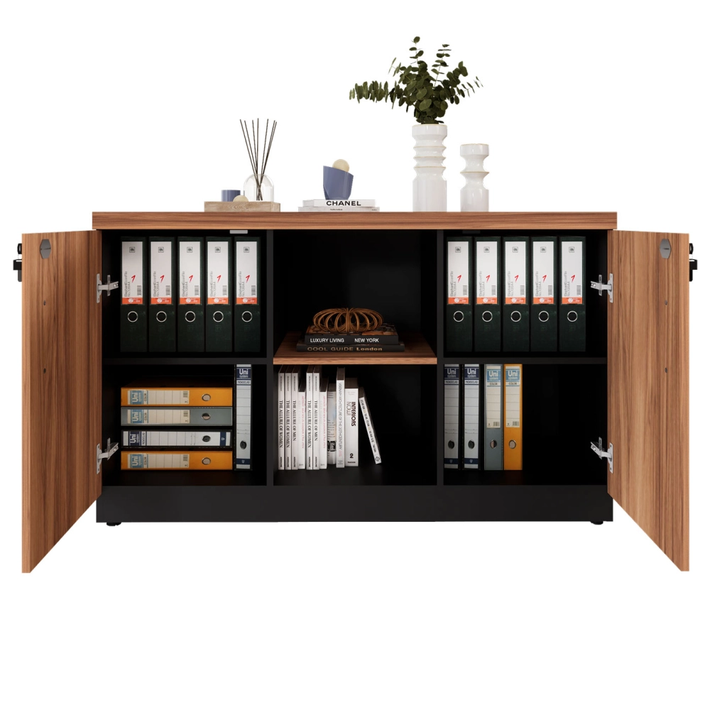 Armário Escritório 120cm x 45cm c/ 2 Portas 3 Prateleiras F5 Cor:Nogal com Preto