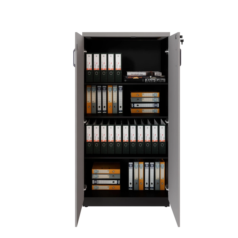 Armário Escritório 80cm x 161,5cm 2 Portas 3 Prateleiras F5 Cor:Cinza Sagrado com Preto