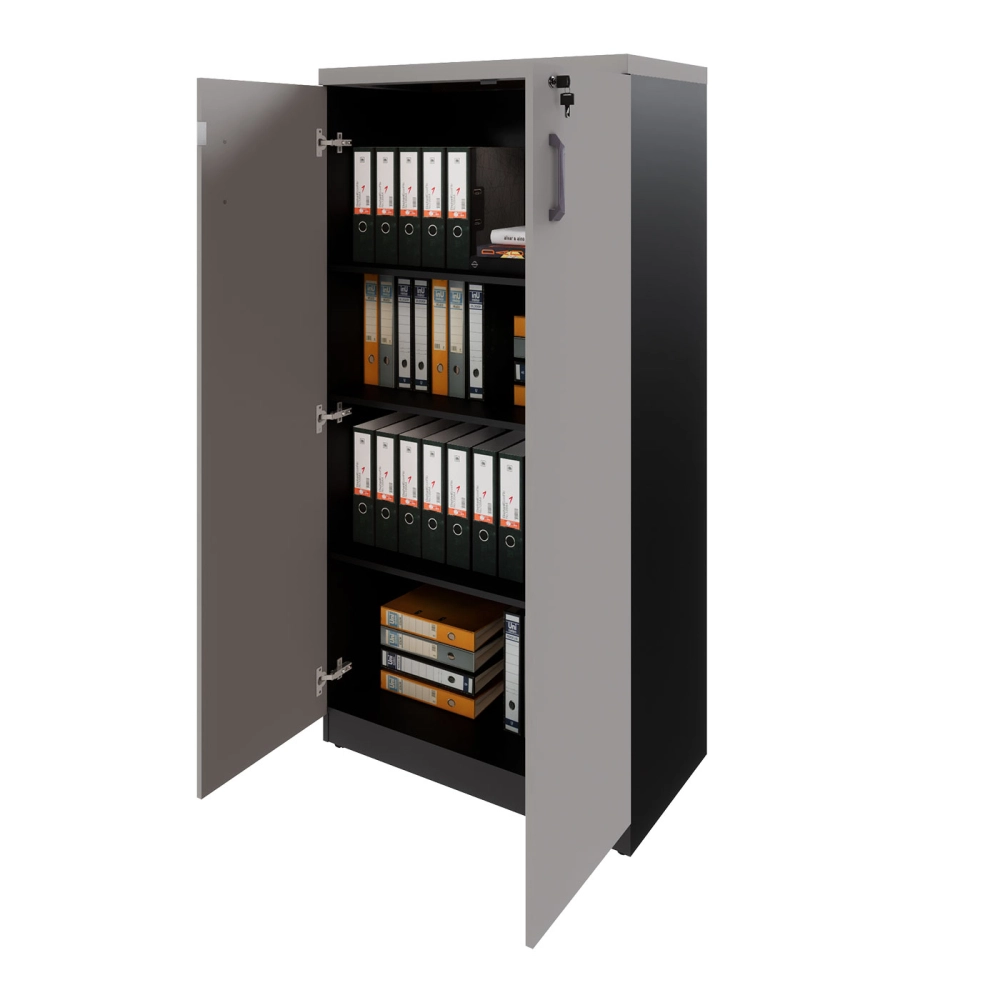 Armário Escritório 80cm x 161,5cm 2 Portas 3 Prateleiras F5 Cor:Cinza Sagrado com Preto