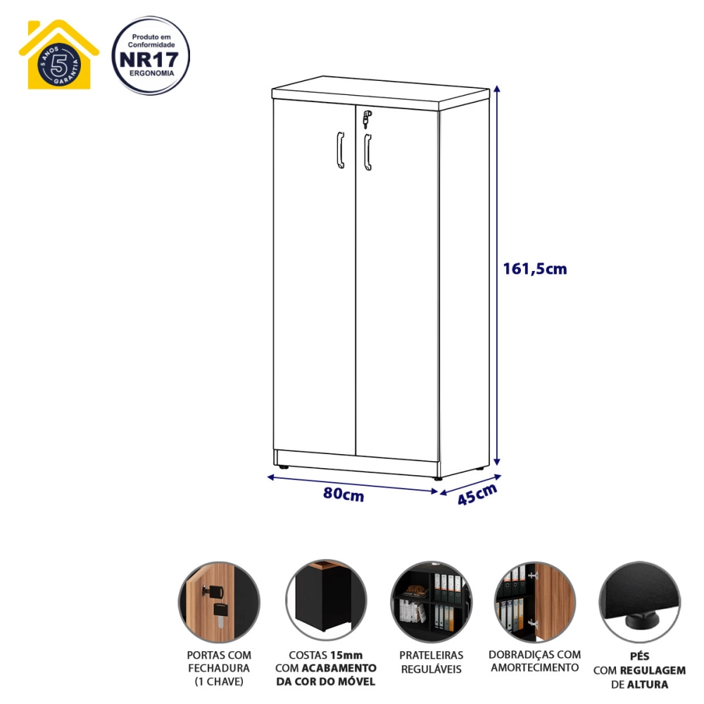 Armário Escritório 80cm x 161,5cm 2 Portas 3 Prateleiras F5 Cor:Macadâmia com Branco
