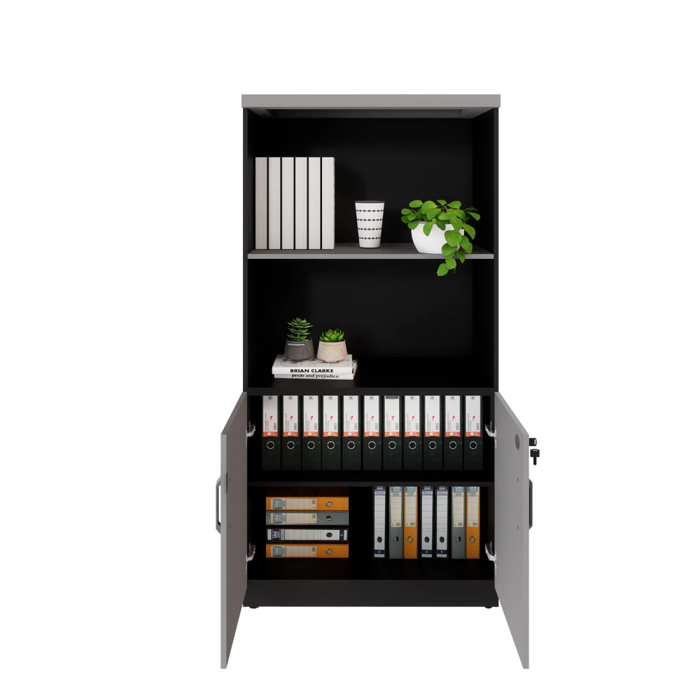 Armário Escritório Estante 80cm 2 Portas 3 Prateleiras F5 Cor:Cinza Sagrado com Preto