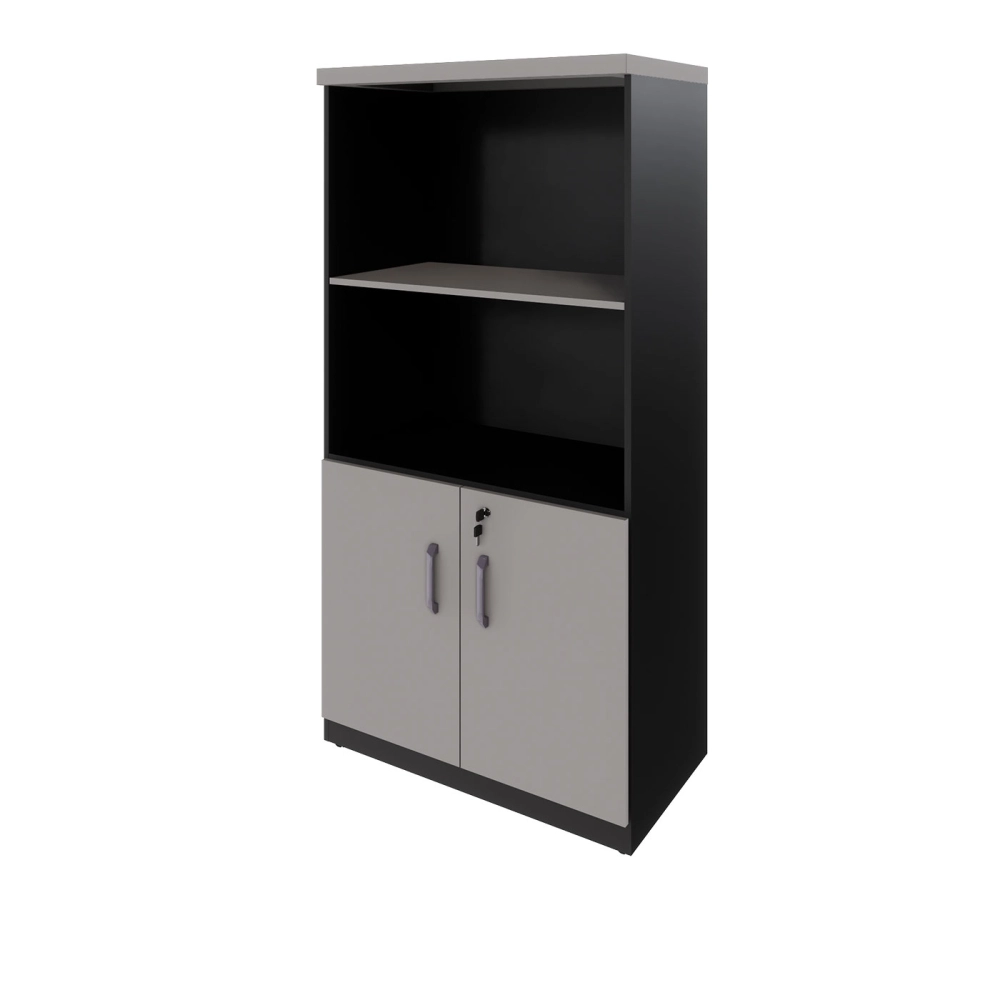 Armário Escritório Estante 80cm 2 Portas 3 Prateleiras F5 Cor:Cinza Sagrado com Preto