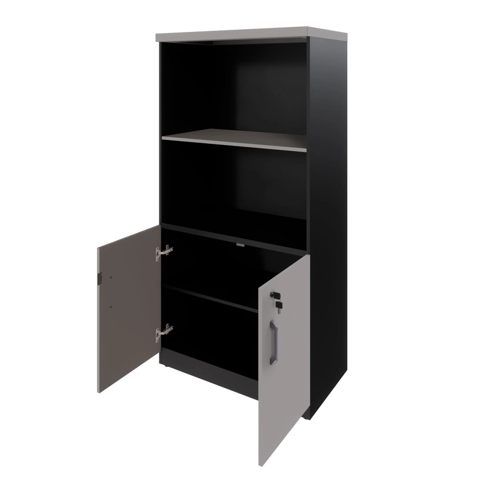 Armário Escritório Estante 80cm 2 Portas 3 Prateleiras F5 Cor:Cinza Sagrado com Preto