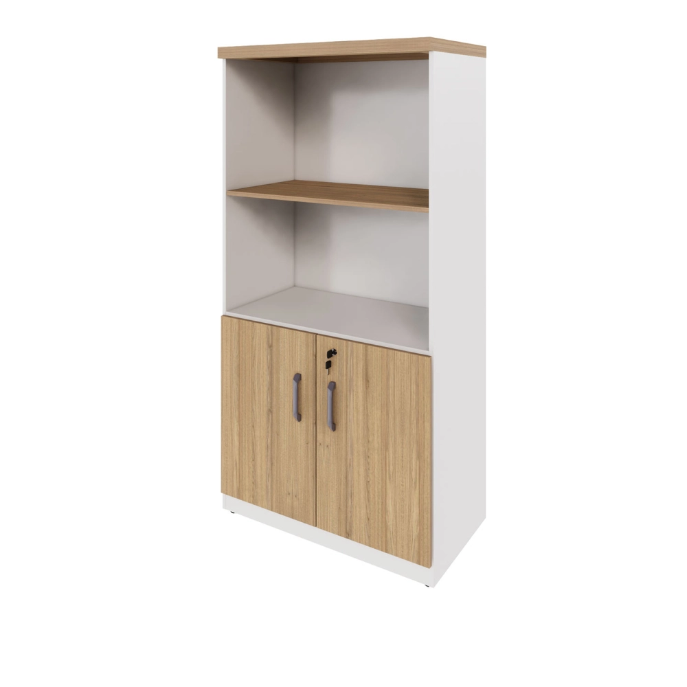 Armário Escritório Estante 80cm 2 Portas 3 Prateleiras F5 Cor:Macadâmia com Branco