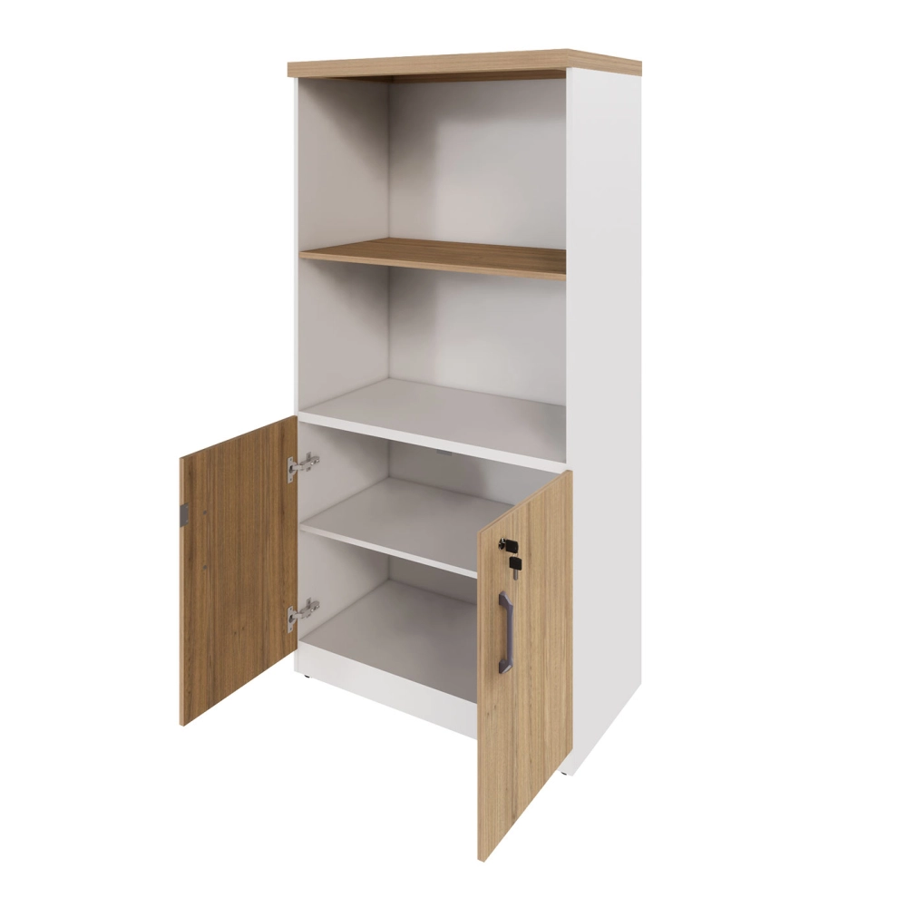 Armário Escritório Estante 80cm 2 Portas 3 Prateleiras F5 Cor:Macadâmia com Branco