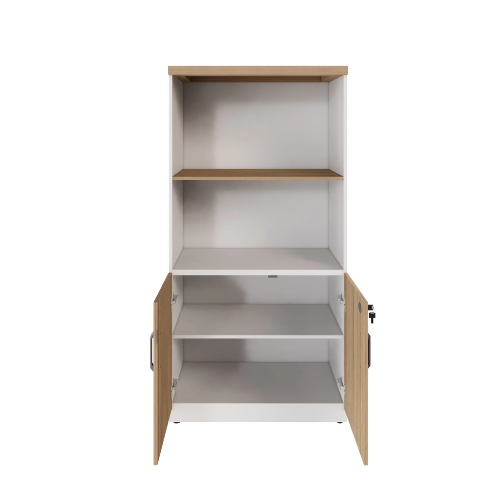 Armário Escritório Estante 80cm 2 Portas 3 Prateleiras F5 Cor:Macadâmia com Branco