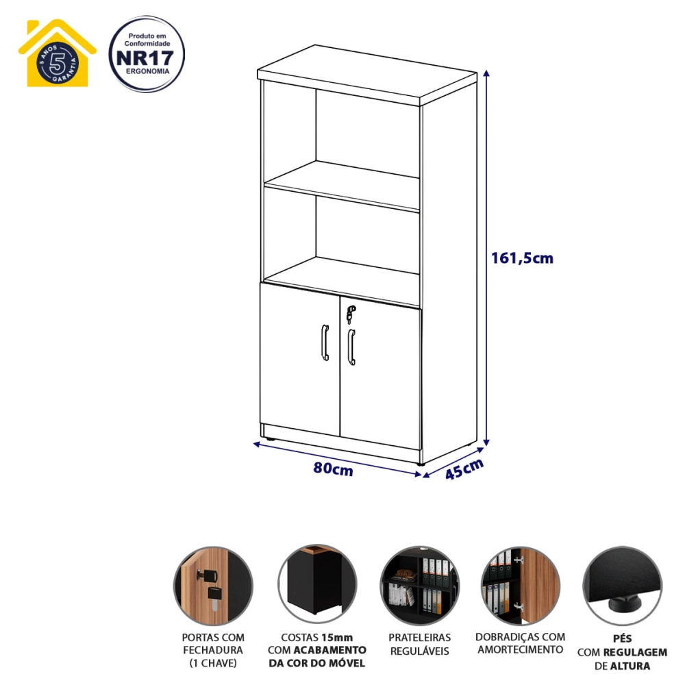 Armário Escritório Estante 80cm 2 Portas 3 Prateleiras F5 Cor:Nogal com Preto