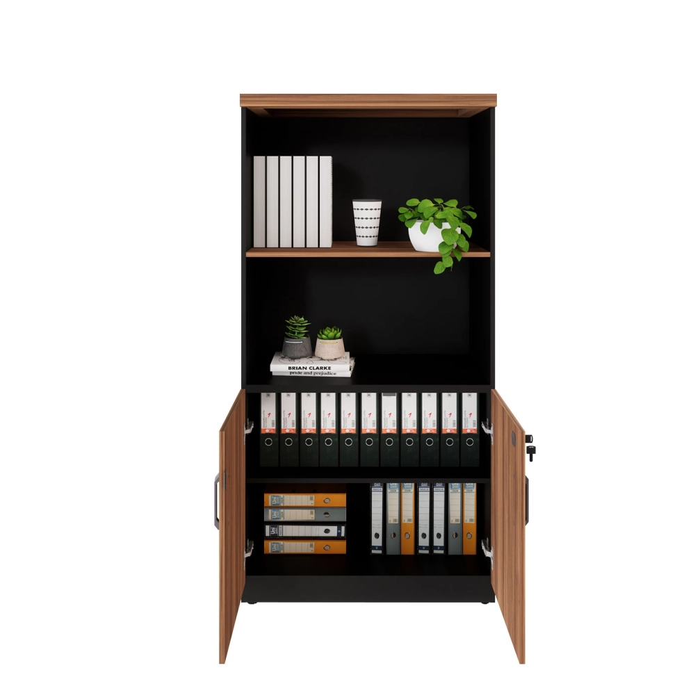Armário Escritório Estante 80cm 2 Portas 3 Prateleiras F5 Cor:Nogal com Preto