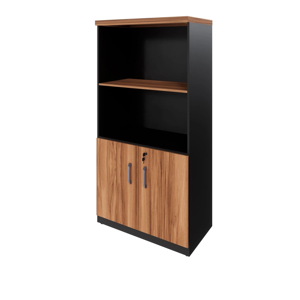 Armário Escritório Estante 80cm 2 Portas 3 Prateleiras F5 Cor:Nogal com Preto