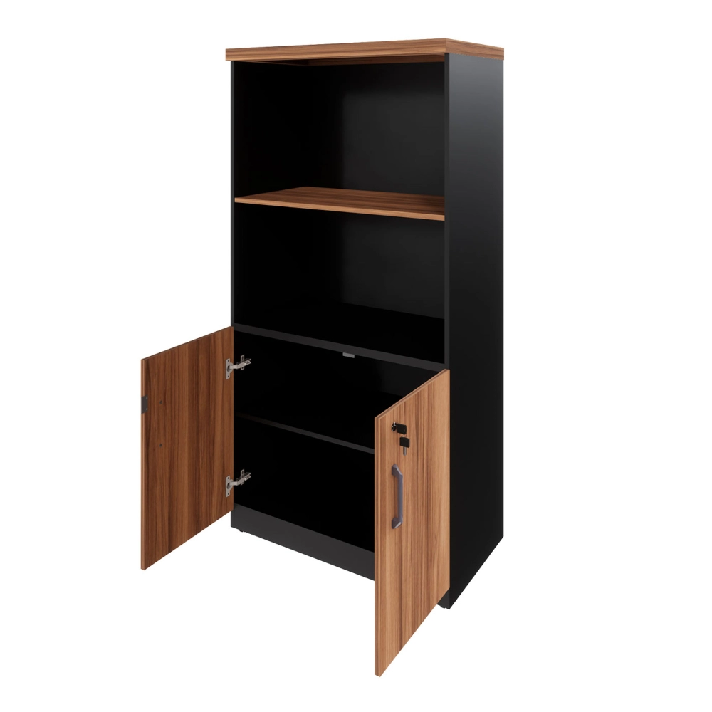 Armário Escritório Estante 80cm 2 Portas 3 Prateleiras F5 Cor:Nogal com Preto