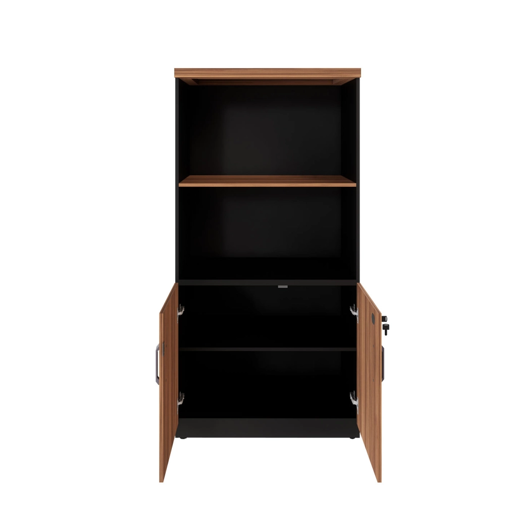Armário Escritório Estante 80cm 2 Portas 3 Prateleiras F5 Cor:Nogal com Preto
