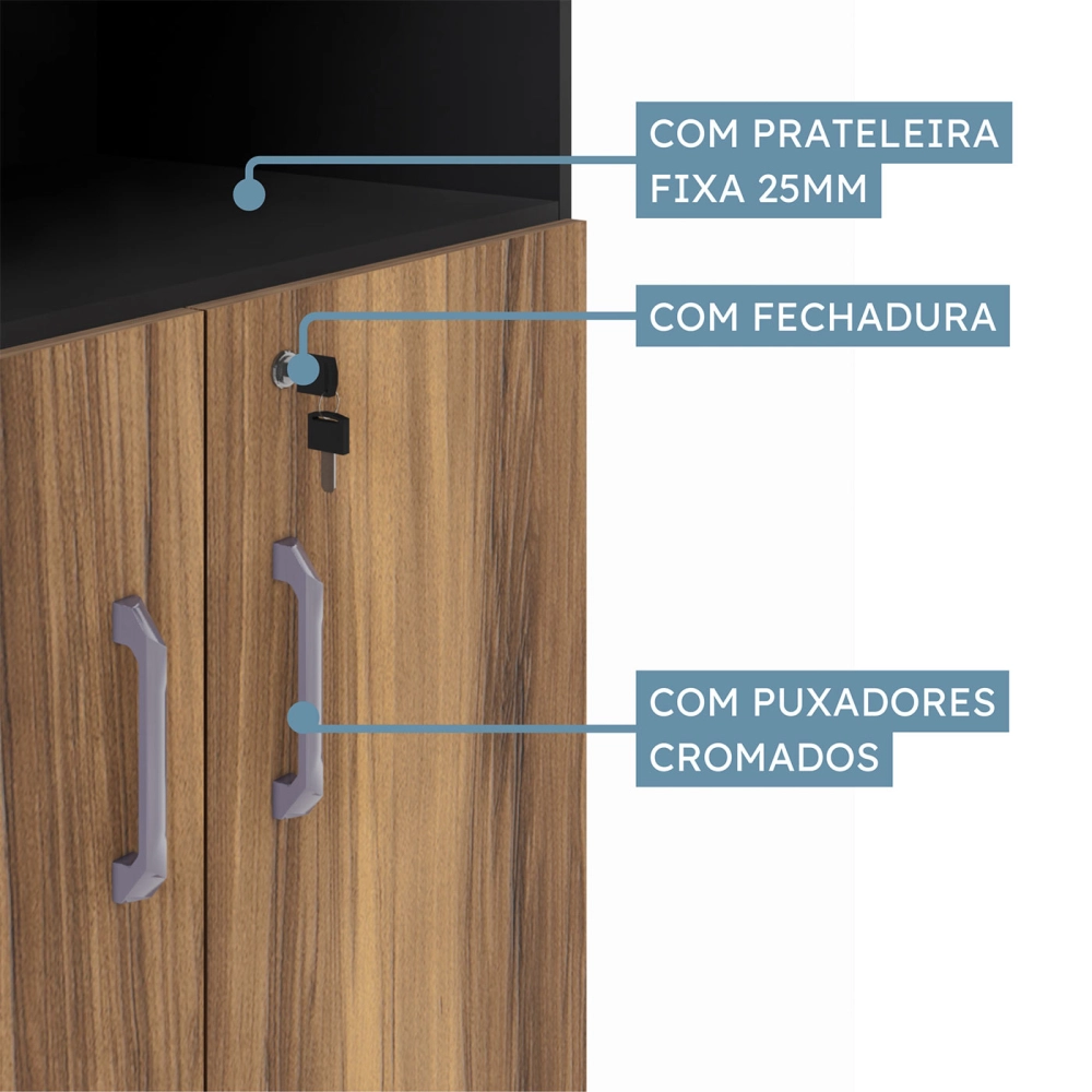 Armário Estante Escritório 80cm 2 Portas e Prateleiras NG F5 Cor:Nogal com Preto