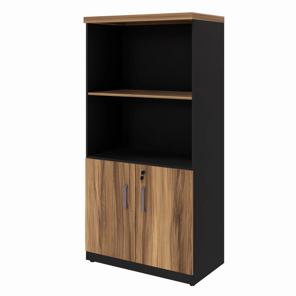 Armário Estante Escritório 80cm 2 Portas e Prateleiras NG F5 Cor:Nogal com Preto