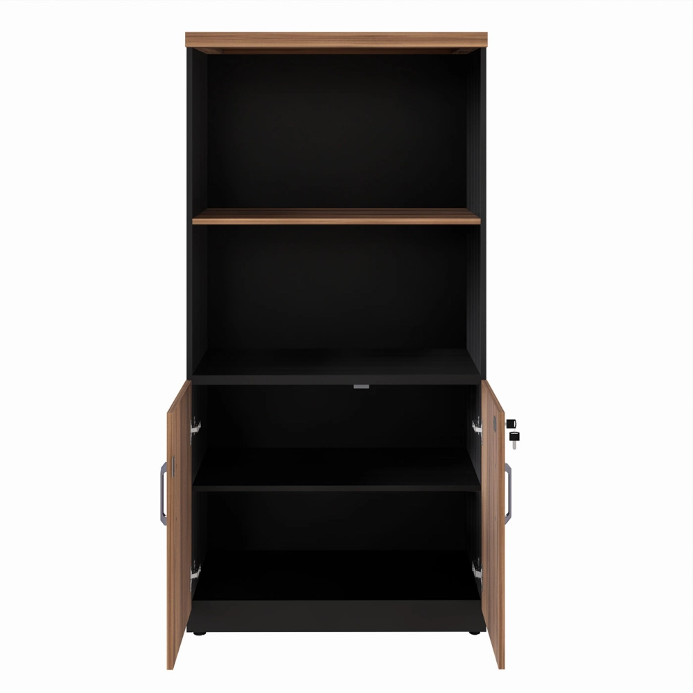 Armário Estante Escritório 80cm 2 Portas e Prateleiras NG F5 Cor:Nogal com Preto