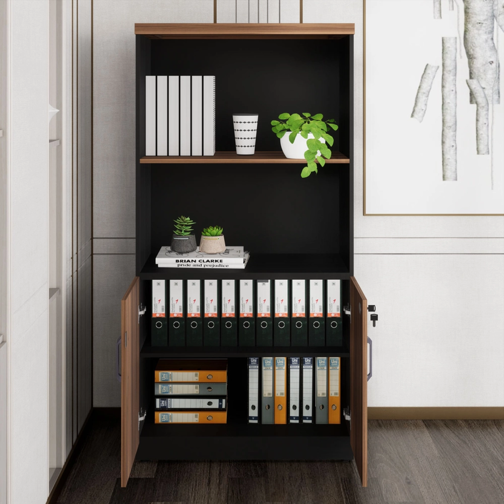 Armário Estante Escritório 80cm 2 Portas e Prateleiras NG F5 Cor:Nogal com Preto