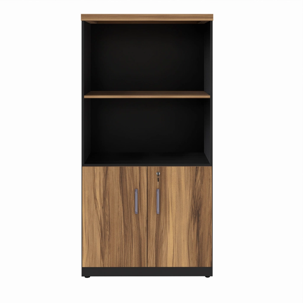 Armário Estante Escritório 80cm 2 Portas e Prateleiras NG F5 Cor:Nogal com Preto