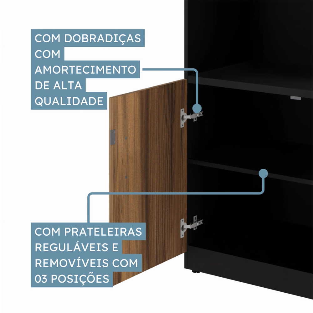 Armário Estante Escritório 80cm 2 Portas e Prateleiras NG F5 Cor:Nogal com Preto