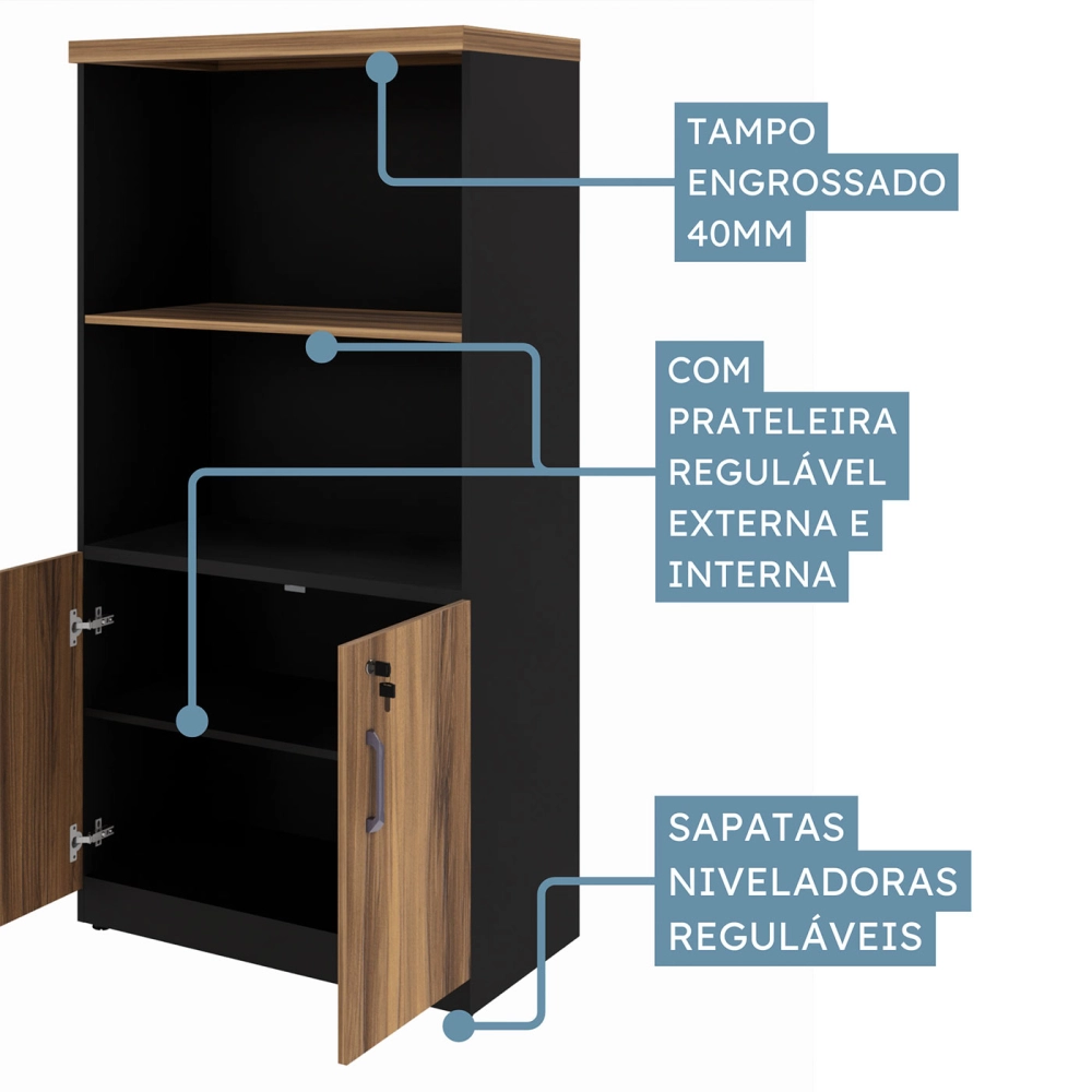 Armário Estante Escritório 80cm 2 Portas e Prateleiras NG F5 Cor:Nogal com Preto