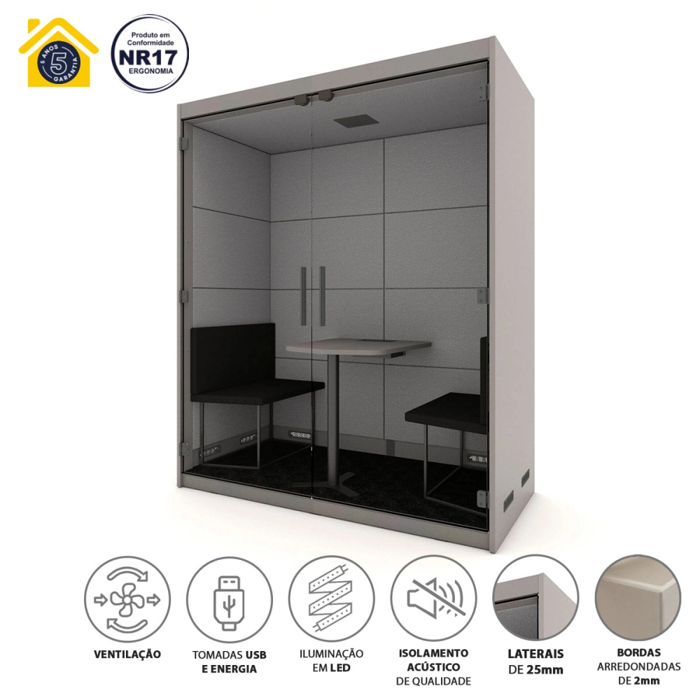 Cabine Acústica Completa com Mesa e Sofás para 2 Pessoas F5 Office Cor:Cinza Sagrado com Cinza Lunar