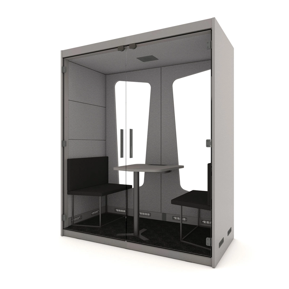 Cabine  Acústica Fundo de Vidro Completa com Mesa e Sofás para 2 pessoas F5 Cor:Cinza Sagrado com Cinza Lunar