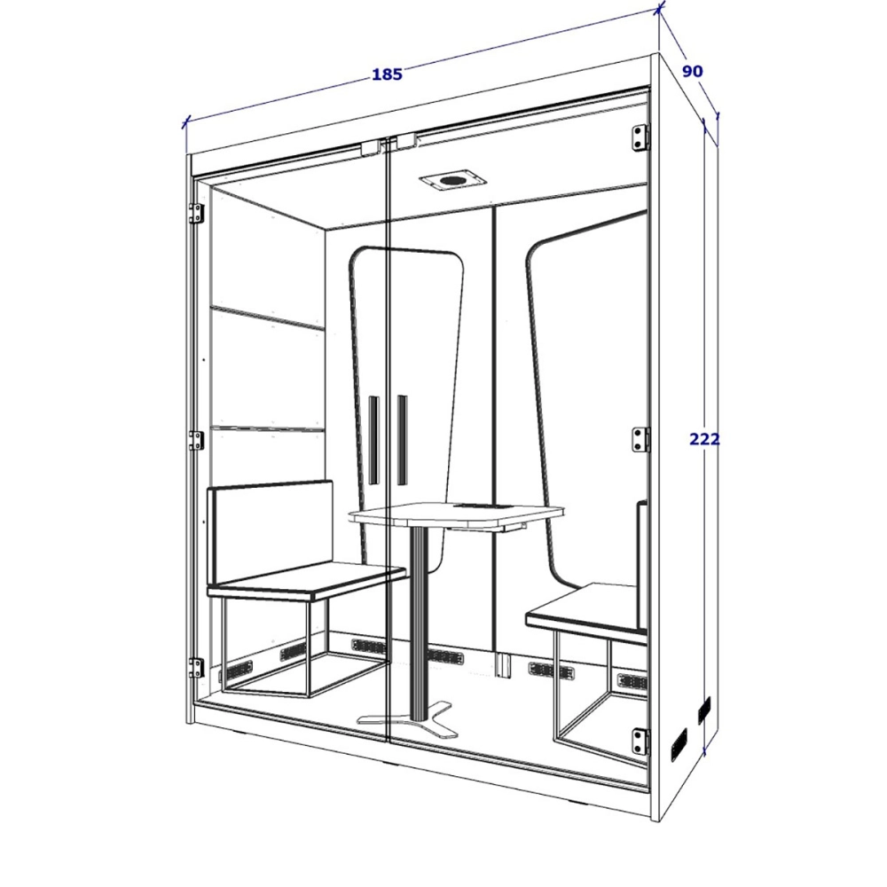 Cabine  Acústica Fundo de Vidro Completa com Mesa e Sofás para 2 pessoas F5 Cor:Cinza Sagrado com Cinza Lunar