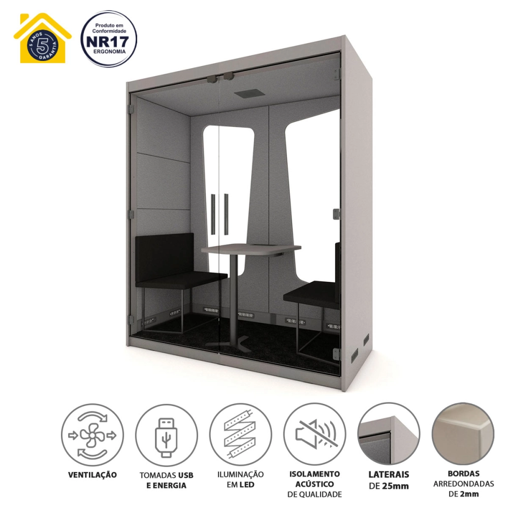 Cabine  Acústica Fundo de Vidro Completa com Mesa e Sofás para 2 pessoas F5 Cor:Cinza Sagrado com Cinza Lunar