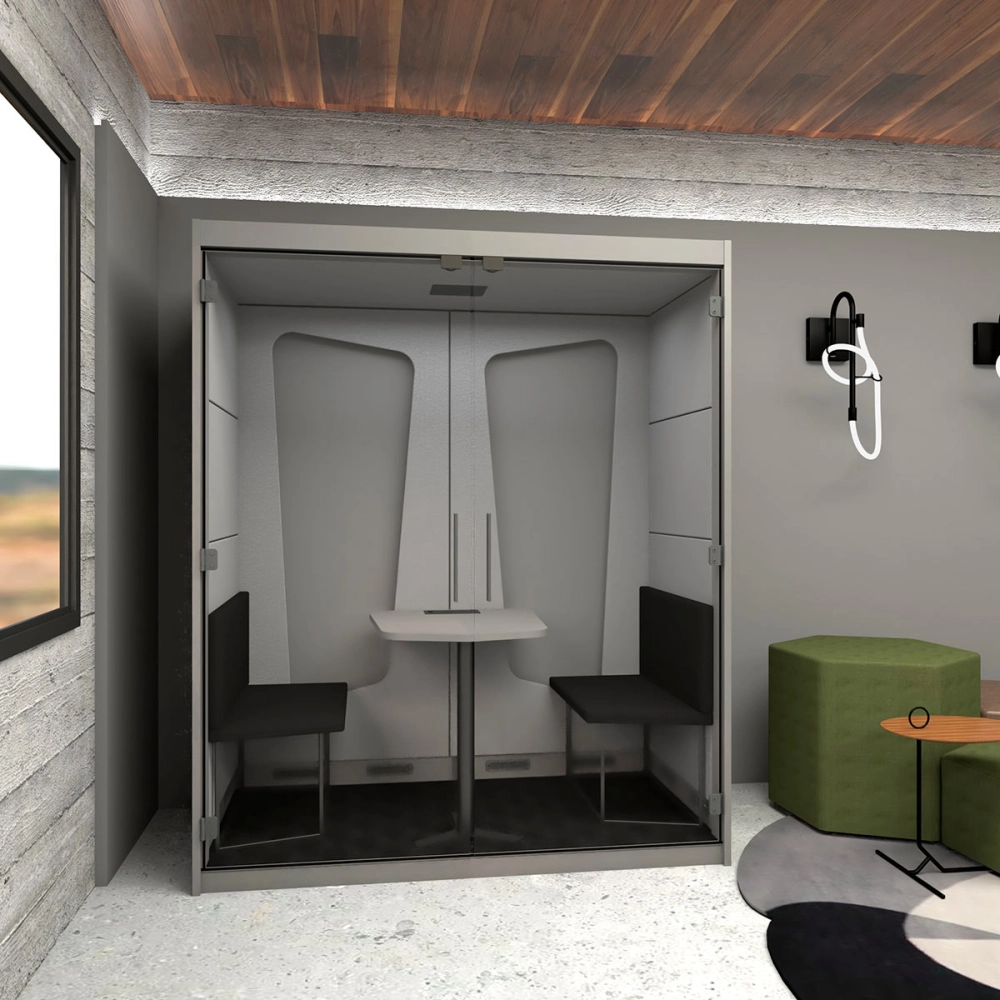 Cabine  Acústica Fundo de Vidro Completa com Mesa e Sofás para 2 pessoas F5 Cor:Cinza Sagrado com Cinza Lunar