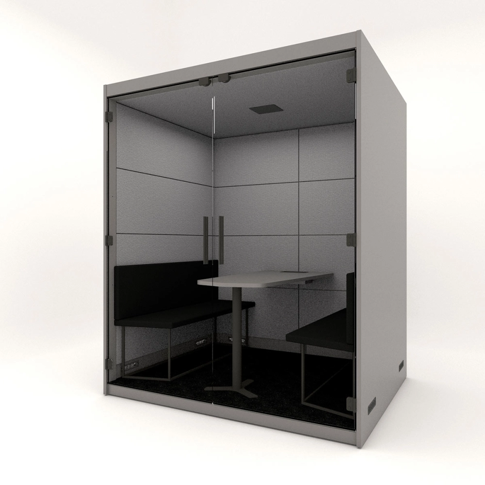 Cabine de Reunião Acústica Completa com Mesa e Sofás para 4 Pessoas F5 Office Cor:Cinza Sagrado com Cinza Lunar