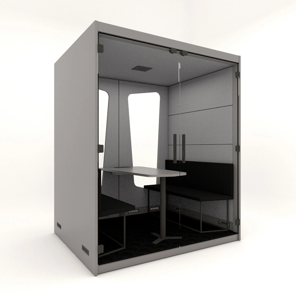 Cabine de Reunião Acústica Fundo de Vidro Completa com Mesa e Sofás para 4 Pessoas F5 Office Cor:Cinza Sagrado com Cinza Lunar