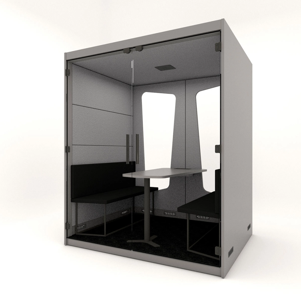 Cabine de Reunião Acústica Fundo de Vidro Completa com Mesa e Sofás para 4 Pessoas F5 Office Cor:Cinza Sagrado com Cinza Lunar