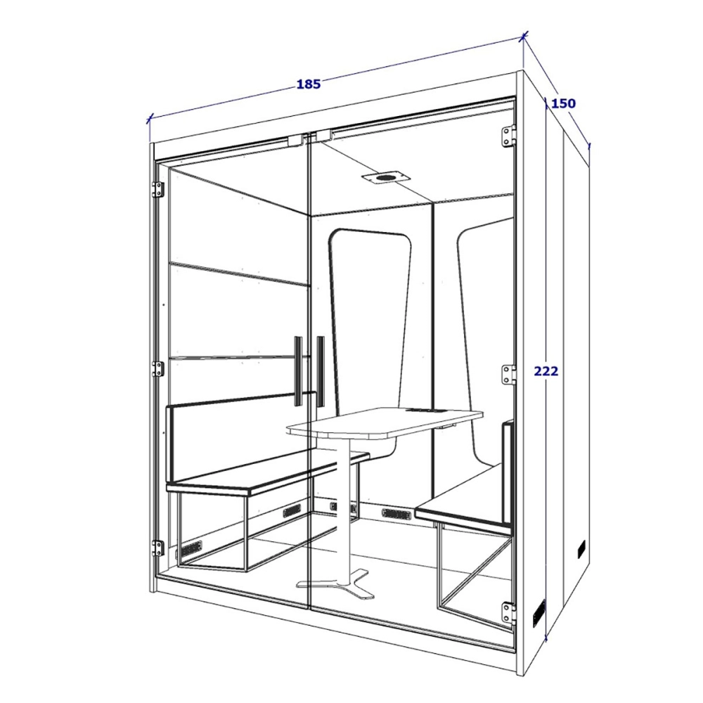 Cabine de Reunião Acústica Fundo de Vidro Completa com Mesa e Sofás para 4 Pessoas F5 Office Cor:Cinza Sagrado com Cinza Lunar
