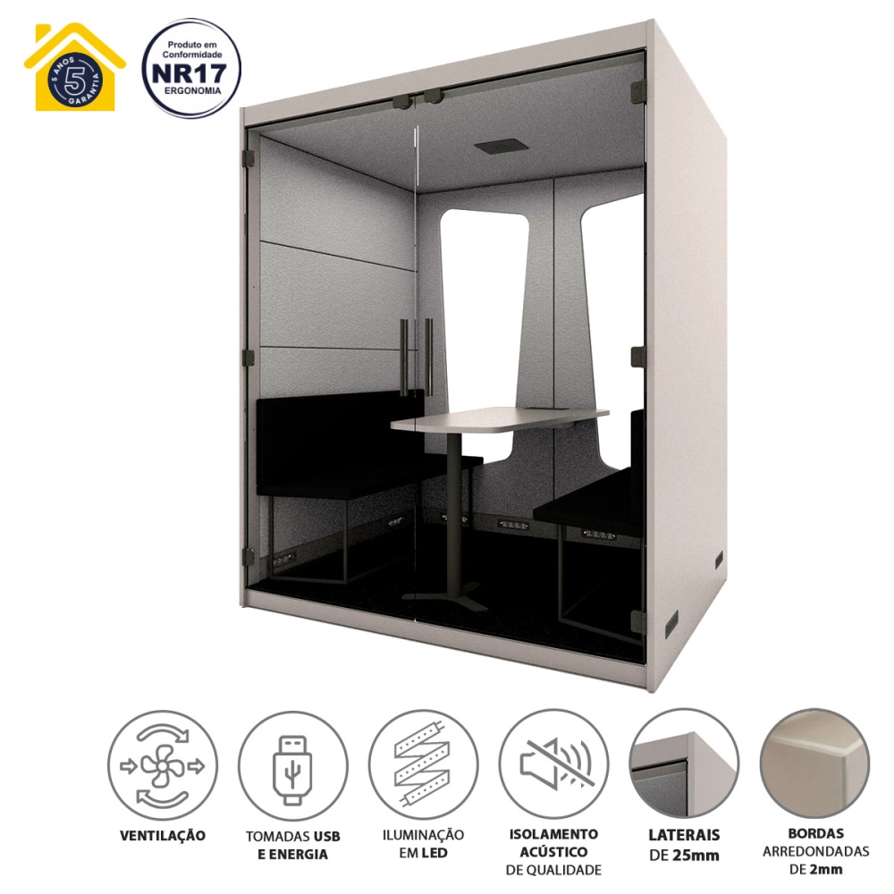 Cabine de Reunião Acústica Fundo de Vidro Completa com Mesa e Sofás para 4 Pessoas F5 Office Cor:Cinza Sagrado com Cinza Lunar