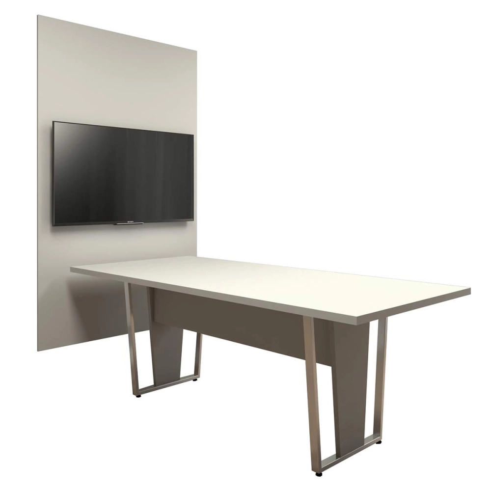 Conjunto Escritório Mesa 2,00m Pé Metal e Painel p/ TV CZ F5 Cor:Cinza