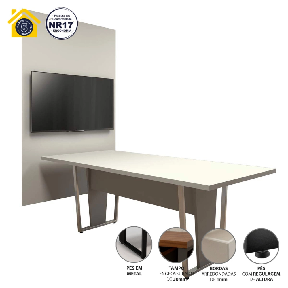 Conjunto Escritório Mesa 2,00m Pé Metal e Painel p/ TV CZ F5 Cor:Cinza