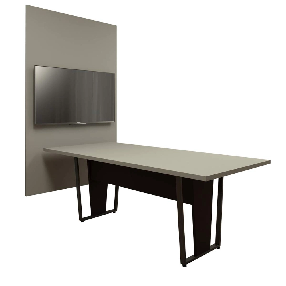 Conjunto Escritório Mesa 2,00m Pé Metal Painel p/  TV CSP F5 Cor:Cinza Sagrado com Preto