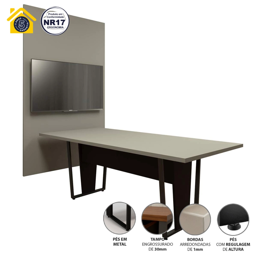 Conjunto Escritório Mesa 2,00m Pé Metal Painel p/  TV CSP F5 Cor:Cinza Sagrado com Preto